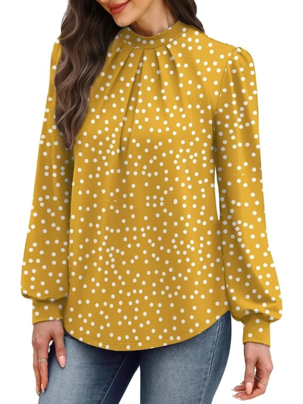 Women's Yellow Long Sleeve Shirt Pleated Front Blouses Dressy Mock Neck Top